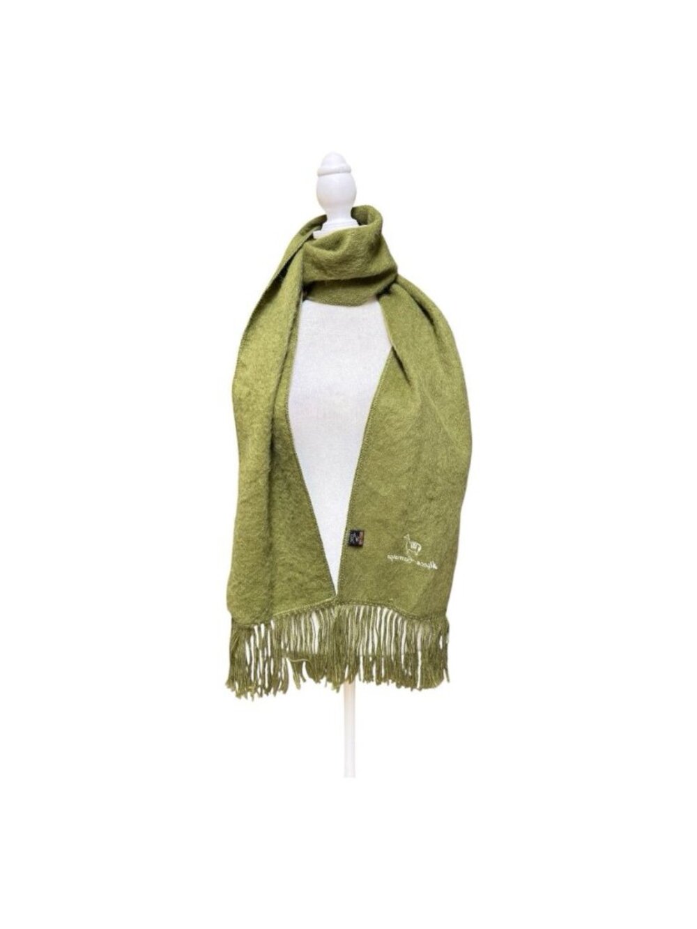 Alpaca Camargo Olive Green Fringe Scarf Embroidered Llama Made in Peru